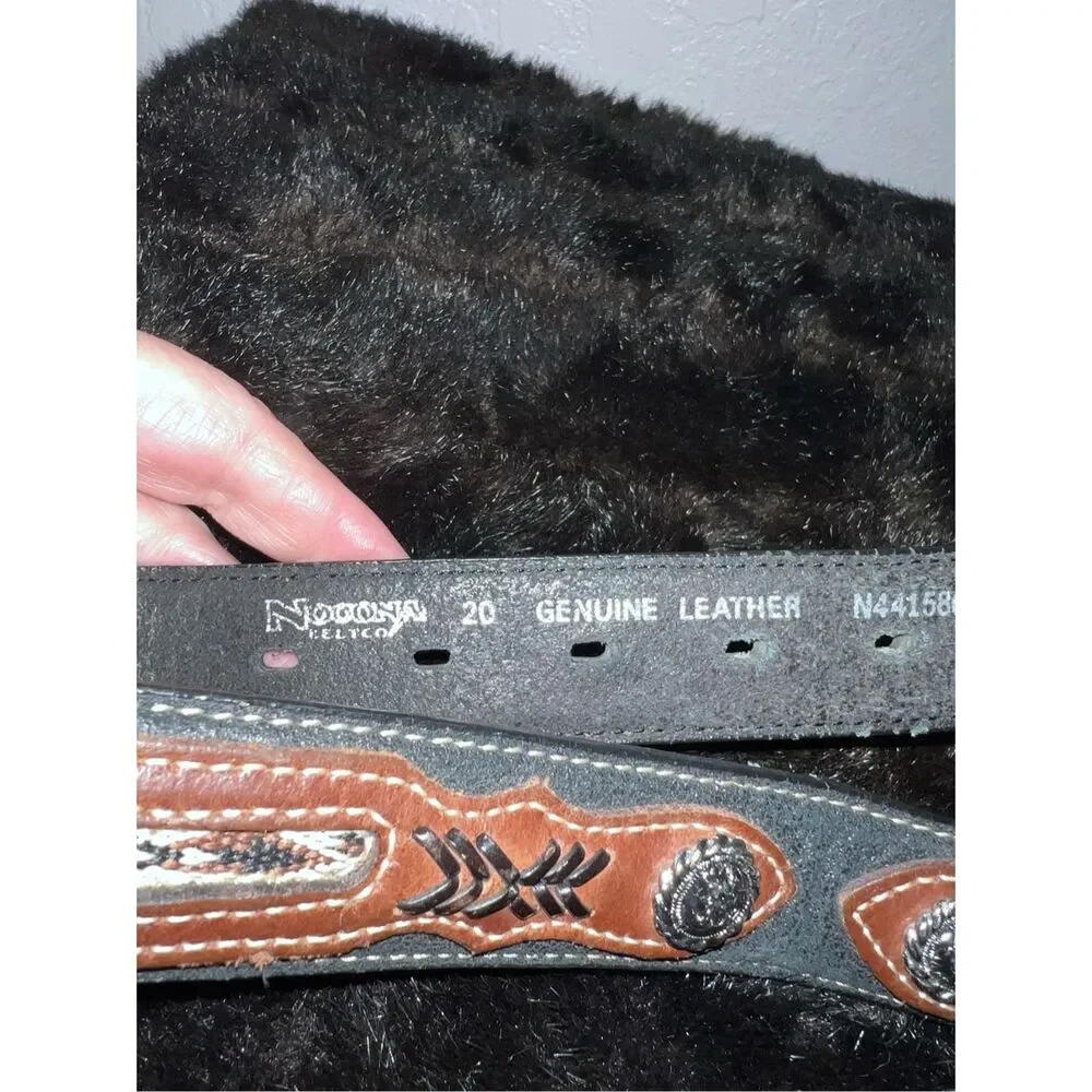 Vintage Nocona Leather Western Belt Brown With Silvertone Hardware and Southwest
